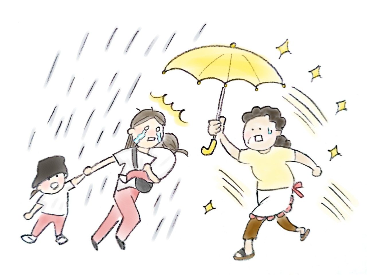 突然の雨、傘なし、2人の子連れ…さぁどうする！そこに現れたのは？