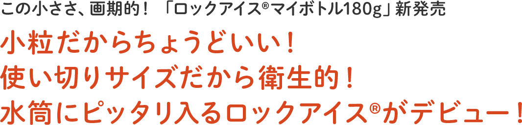 この小ささ、画期的！ 「ロックアイスマイボトル180g」新発売 小粒だからちょうどいい！ 使い切りサイズだから衛生的！ 水筒にピッタリ入るロックアイスがデビュー！