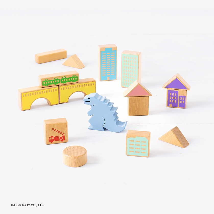 『ゴジラ』から子ども向けつみきセットが新発売！「ゴジラとまちのつみき」を2人に